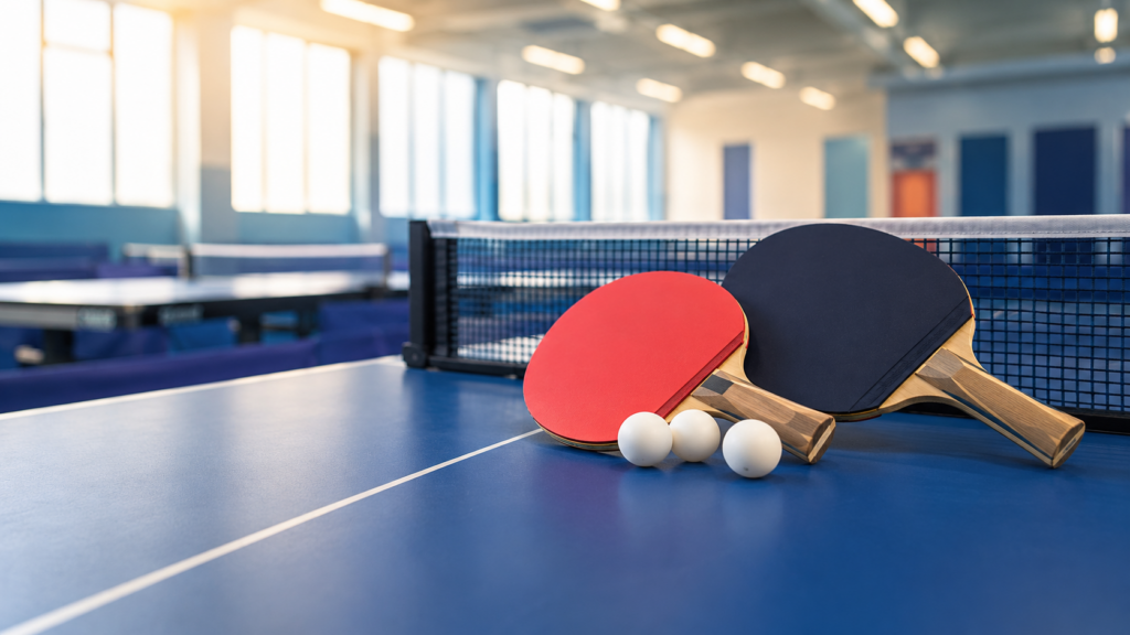 Raquettes et balles de tennis de table dans une salle d’entraînement